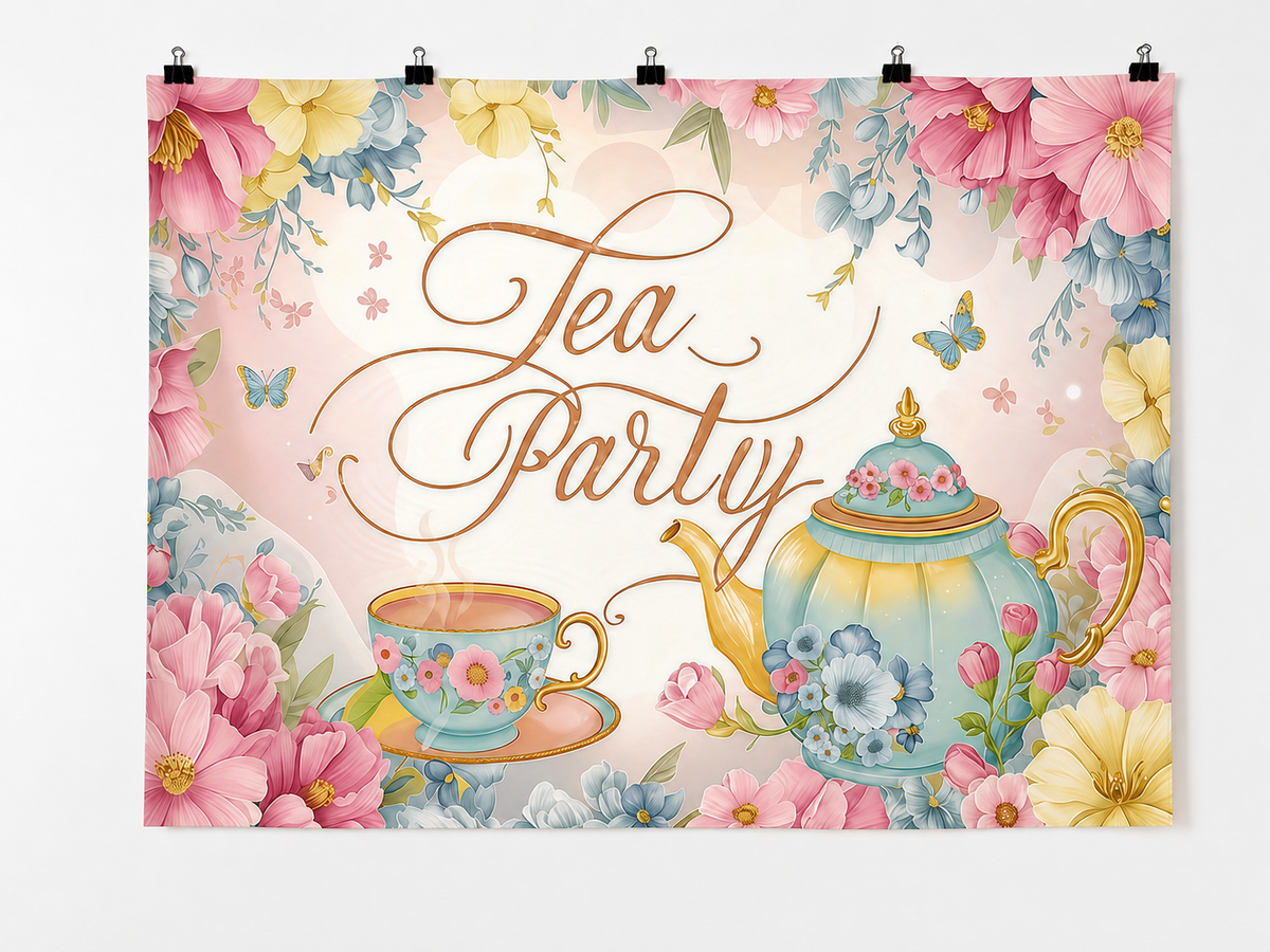 Floral Tea Party printed polyester backdrop, shown at244 x183cm with straight-cut unhemmed edges and wall clips. Flat printed scenery; accessories not included.