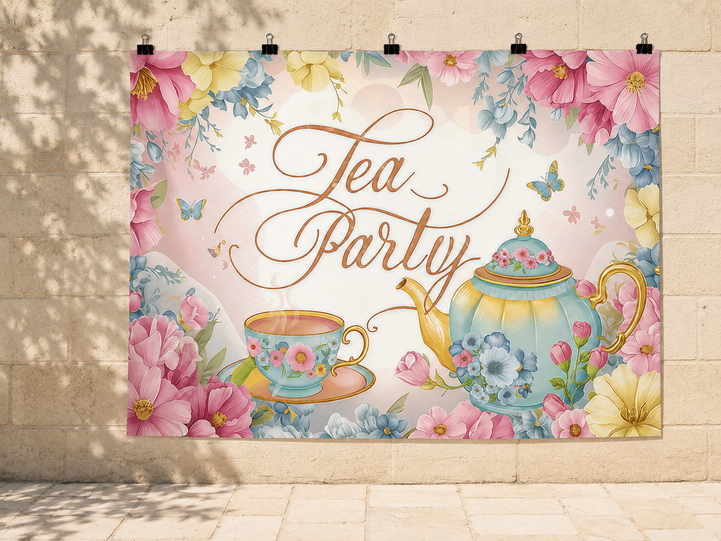 Floral Tea Party printed polyester backdrop, shown at244 x183cm with straight-cut unhemmed edges and wall clips. Flat printed scenery; accessories not included.