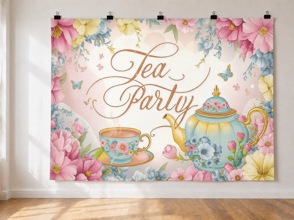 Floral Tea Party printed polyester backdrop, shown at244 x183cm with straight-cut unhemmed edges and wall clips. Flat printed scenery; accessories not included.