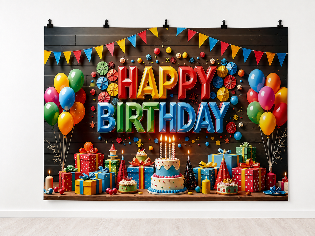 Colorful Happy Birthday Cake and Gifts printed polyester backdrop, shown at244 x183cm with straight-cut unhemmed edges and wall clips. Flat printed scenery; accessories not included.