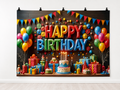Colorful Happy Birthday Cake and Gifts printed polyester backdrop, shown at244 x183cm with straight-cut unhemmed edges and wall clips. Flat printed scenery; accessories not included.