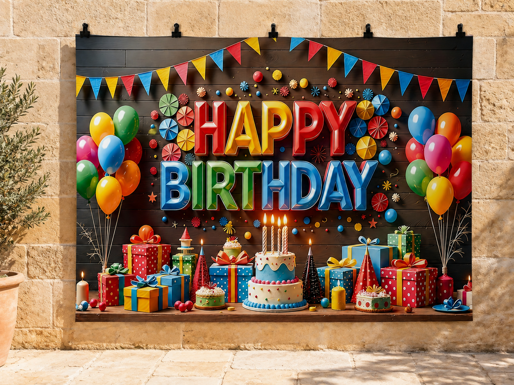 Colorful Happy Birthday Cake and Gifts printed polyester backdrop, shown at244 x183cm with straight-cut unhemmed edges and wall clips. Flat printed scenery; accessories not included.