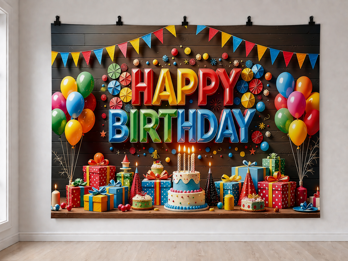 Colorful Happy Birthday Cake and Gifts printed polyester backdrop, shown at244 x183cm with straight-cut unhemmed edges and wall clips. Flat printed scenery; accessories not included.
