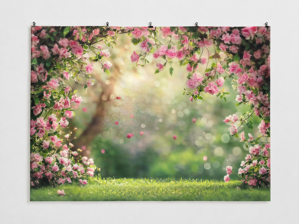 Pink Rose Garden Floral Frame Backdrop — complete flat printed design; accessories not included