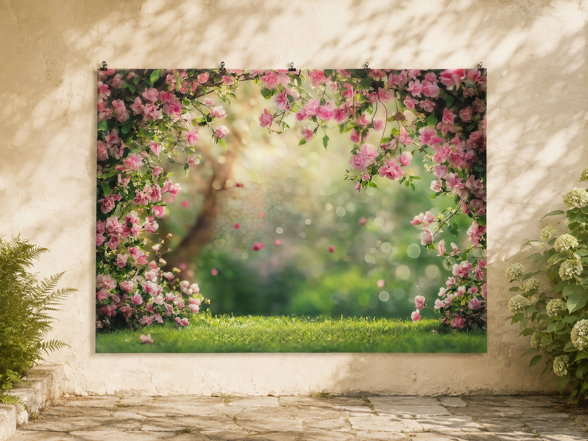 Pink Rose Garden Floral Frame Backdrop — temporary dry outdoor wall-clip display; accessories not included