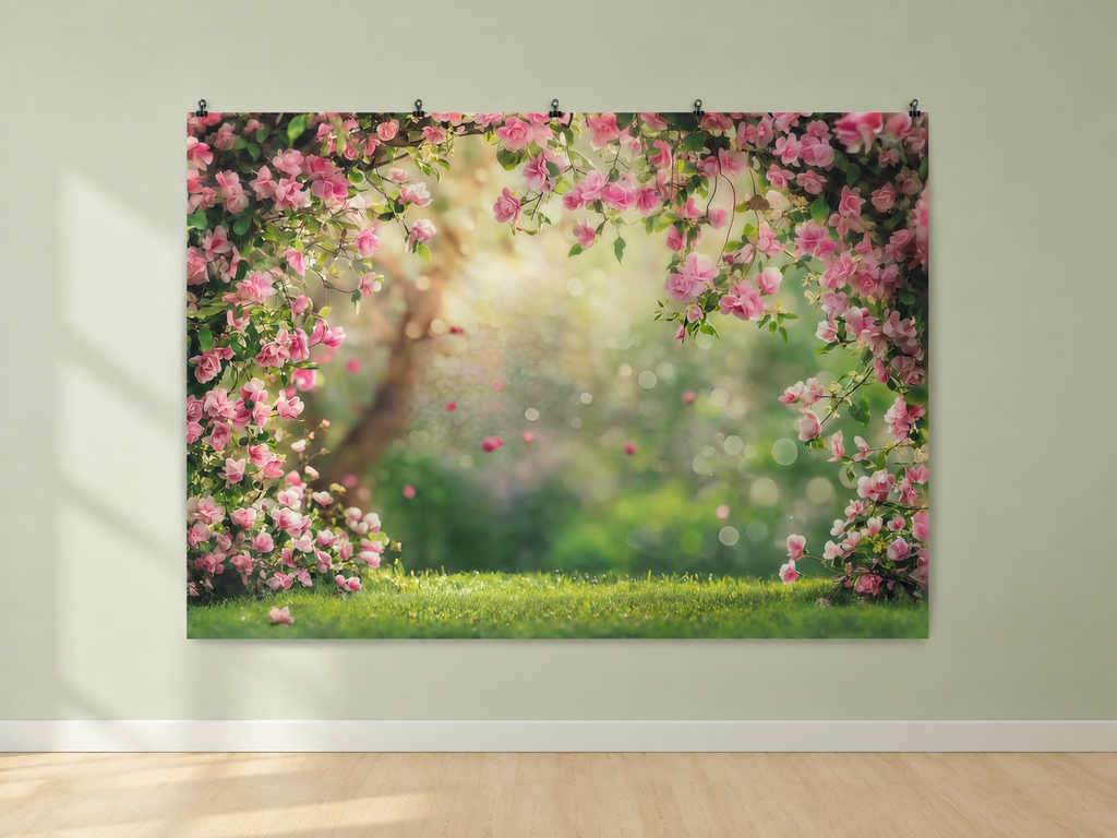 Pink Rose Garden Floral Frame Backdrop — indoor wall-clip display; accessories not included
