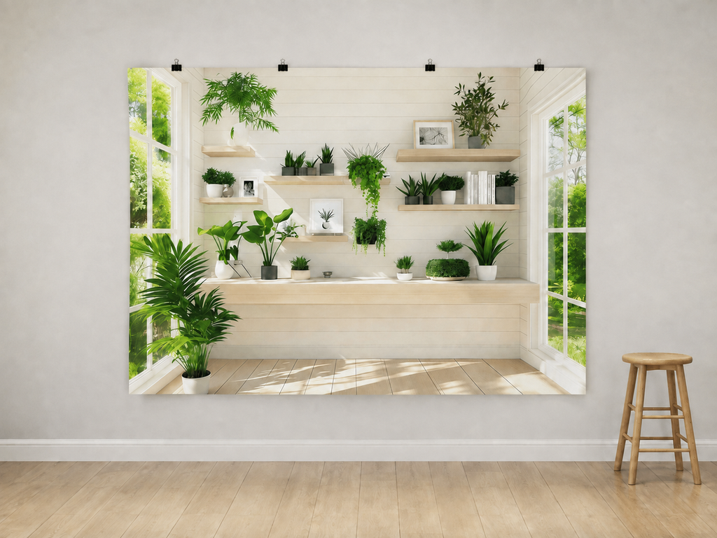FJ260407027 printed polyester backdrop, indoor wall-clip display; accessories not included