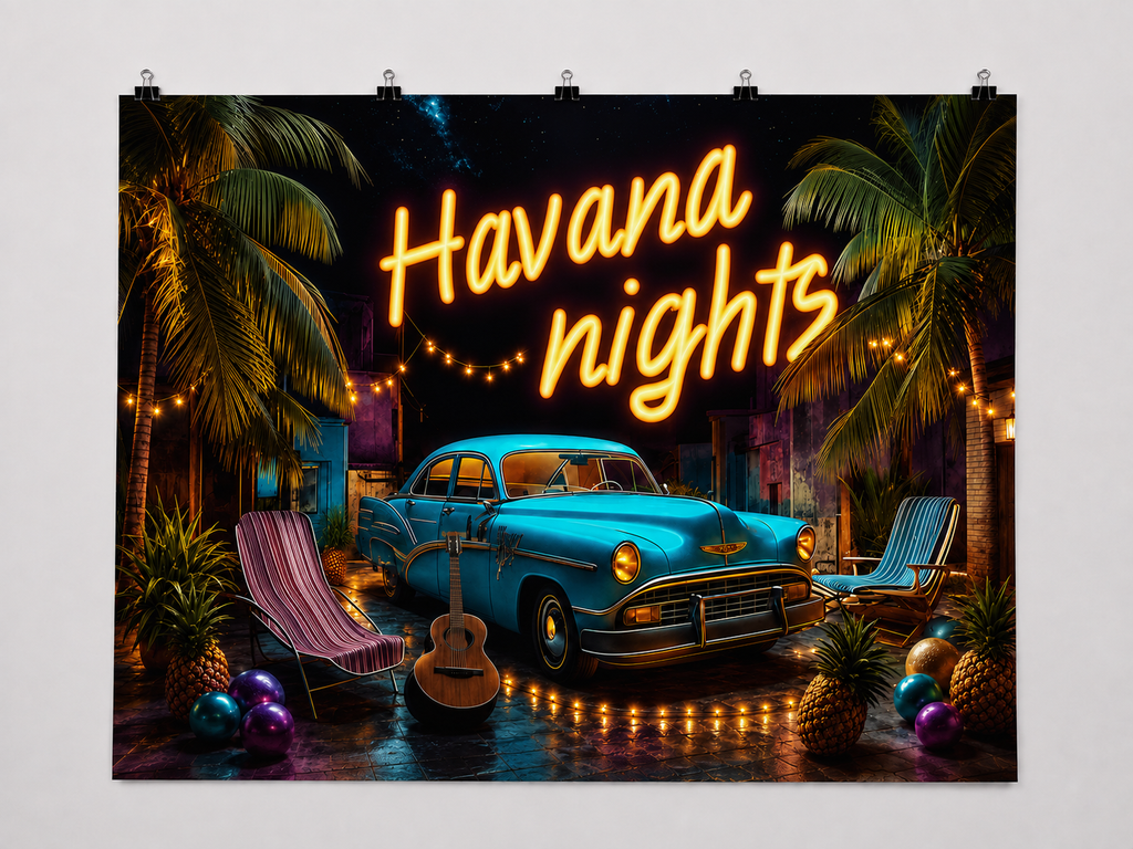 Havana Nights Retro Car printed polyester backdrop, shown at244 x183cm with straight-cut unhemmed edges and wall clips. Flat printed scenery; accessories not included.