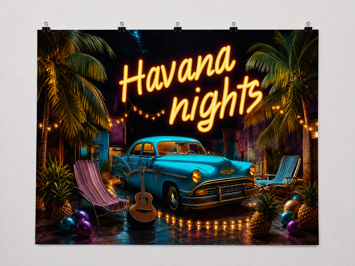 Havana Nights Retro Car printed polyester backdrop, shown at244 x183cm with straight-cut unhemmed edges and wall clips. Flat printed scenery; accessories not included.