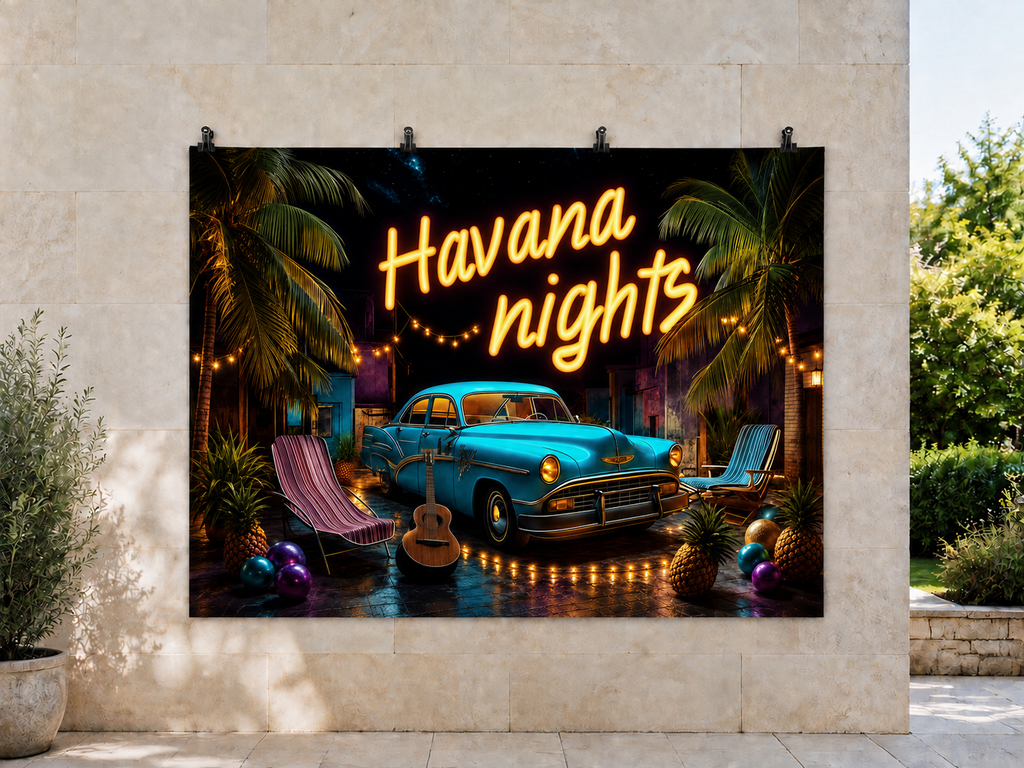 Havana Nights Retro Car printed polyester backdrop, shown at244 x183cm with straight-cut unhemmed edges and wall clips. Flat printed scenery; accessories not included.