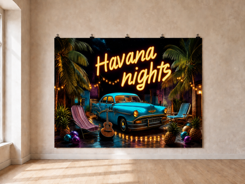 Havana Nights Retro Car printed polyester backdrop, shown at244 x183cm with straight-cut unhemmed edges and wall clips. Flat printed scenery; accessories not included.