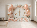 Pink Gold Cross and Roses Baptism Backdrop scene 1