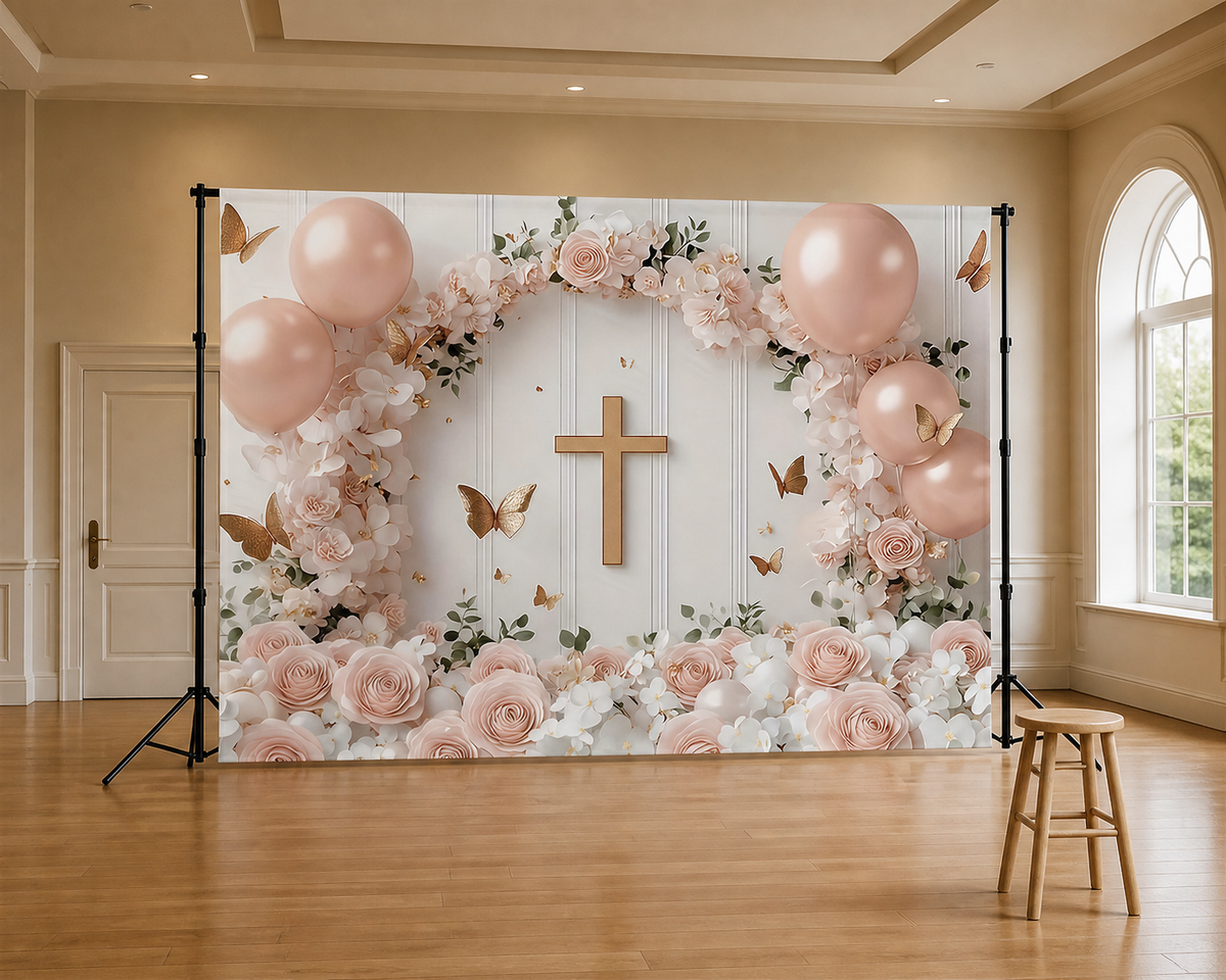 Pink Gold Cross and Roses Baptism Backdrop scene 2