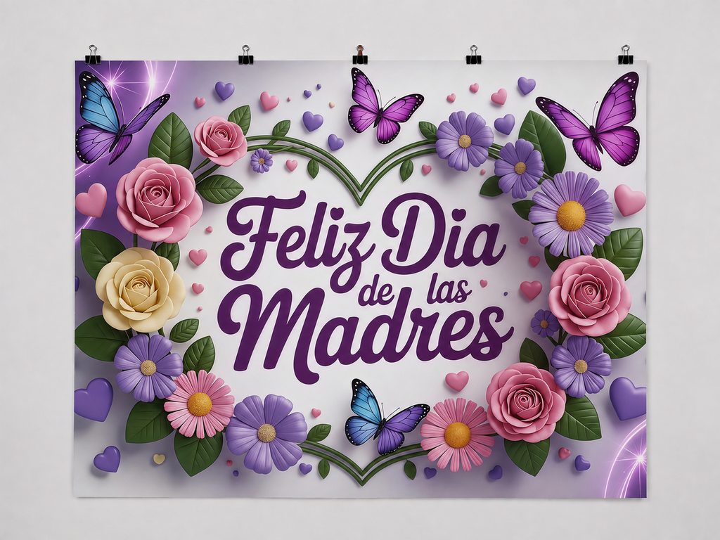 Feliz Dia De Las Madres Flowers printed polyester backdrop, shown at244 x183cm with straight-cut unhemmed edges and wall clips. Flat printed scenery; accessories not included.
