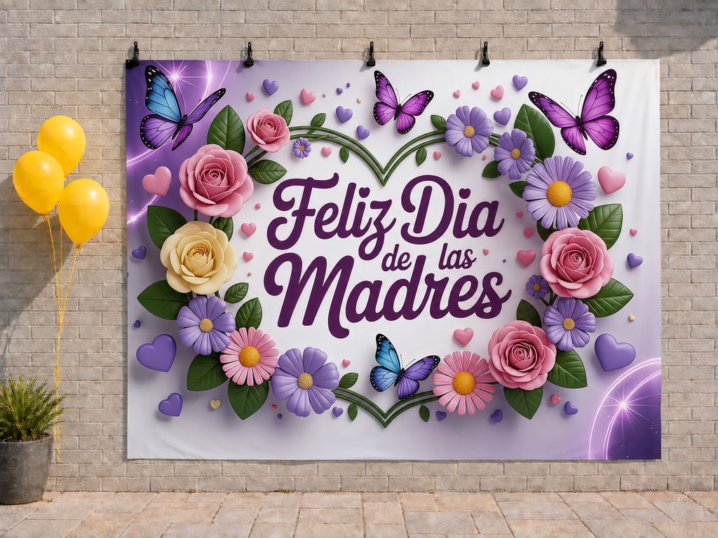 Feliz Dia De Las Madres Flowers printed polyester backdrop, shown at244 x183cm with straight-cut unhemmed edges and wall clips. Flat printed scenery; accessories not included.