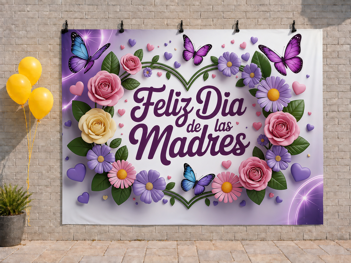 Feliz Dia De Las Madres Flowers printed polyester backdrop, shown at244 x183cm with straight-cut unhemmed edges and wall clips. Flat printed scenery; accessories not included.