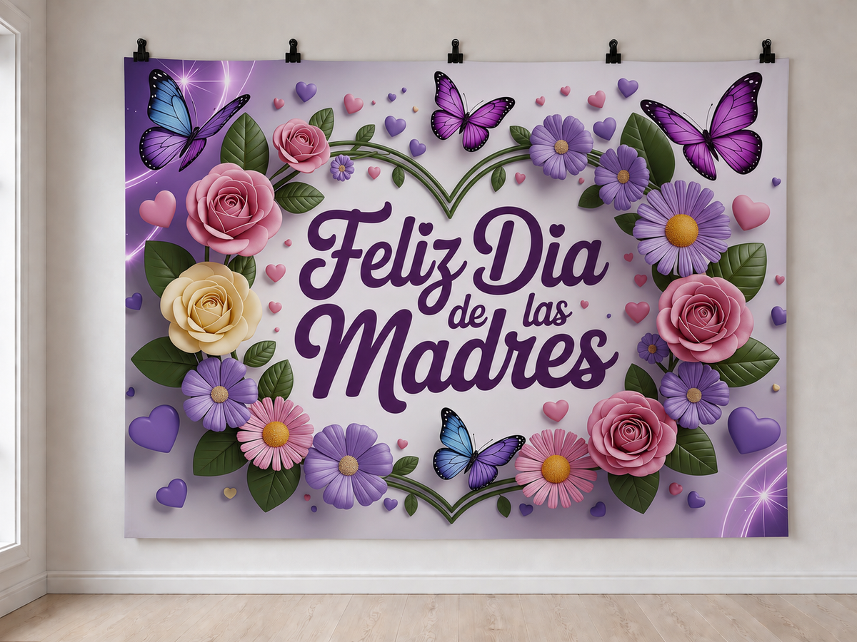 Feliz Dia De Las Madres Flowers printed polyester backdrop, shown at244 x183cm with straight-cut unhemmed edges and wall clips. Flat printed scenery; accessories not included.
