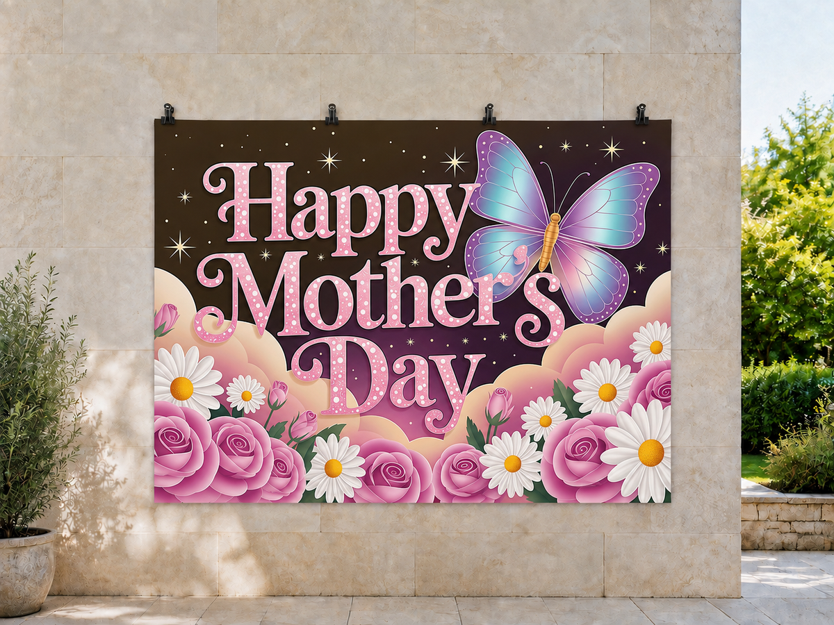 Happy Mother's Day Flowers and Butterfly printed polyester backdrop, shown at244 x183cm with straight-cut unhemmed edges and wall clips. Flat printed scenery; accessories not included.