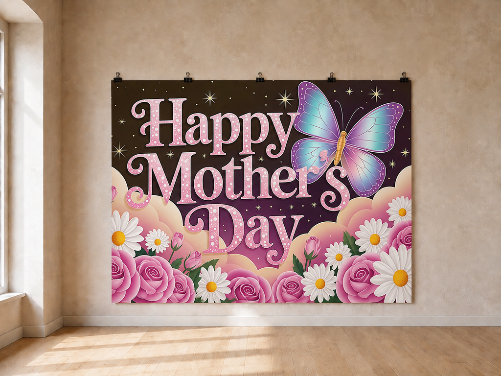 Happy Mother's Day Flowers and Butterfly printed polyester backdrop, shown at244 x183cm with straight-cut unhemmed edges and wall clips. Flat printed scenery; accessories not included.
