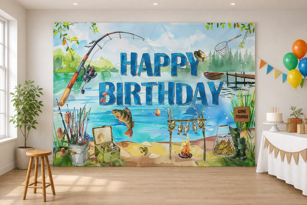 Fishing Birthday Lake Scene Backdrop scene 1