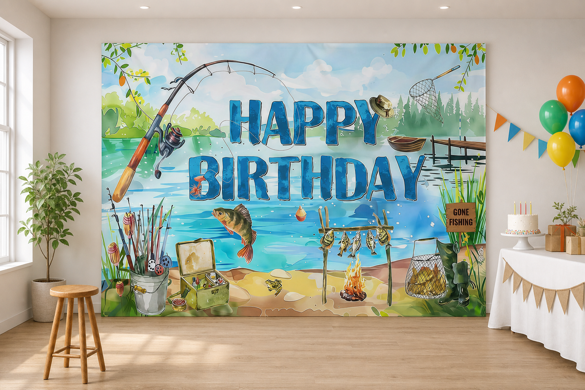 Fishing Birthday Lake Scene Backdrop scene 1