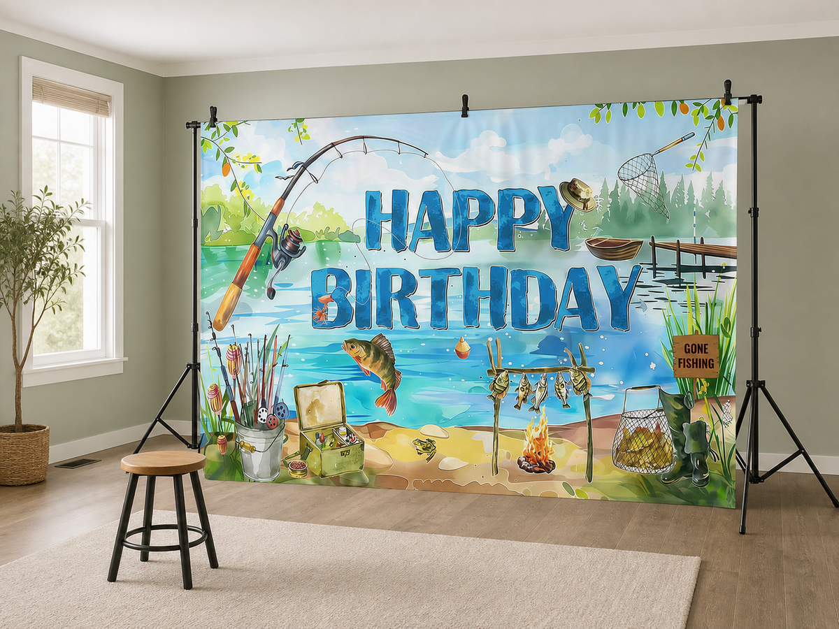 Fishing Birthday Lake Scene Backdrop scene 2