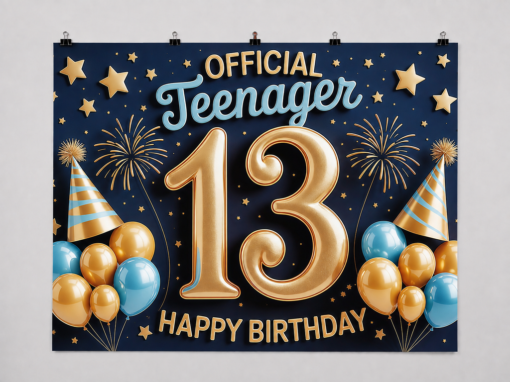 Birthday Party printed polyester backdrop, shown at244 x183cm with straight-cut unhemmed edges and wall clips. Flat printed scenery; accessories not included.