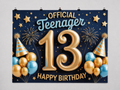 Birthday Party printed polyester backdrop, shown at244 x183cm with straight-cut unhemmed edges and wall clips. Flat printed scenery; accessories not included.