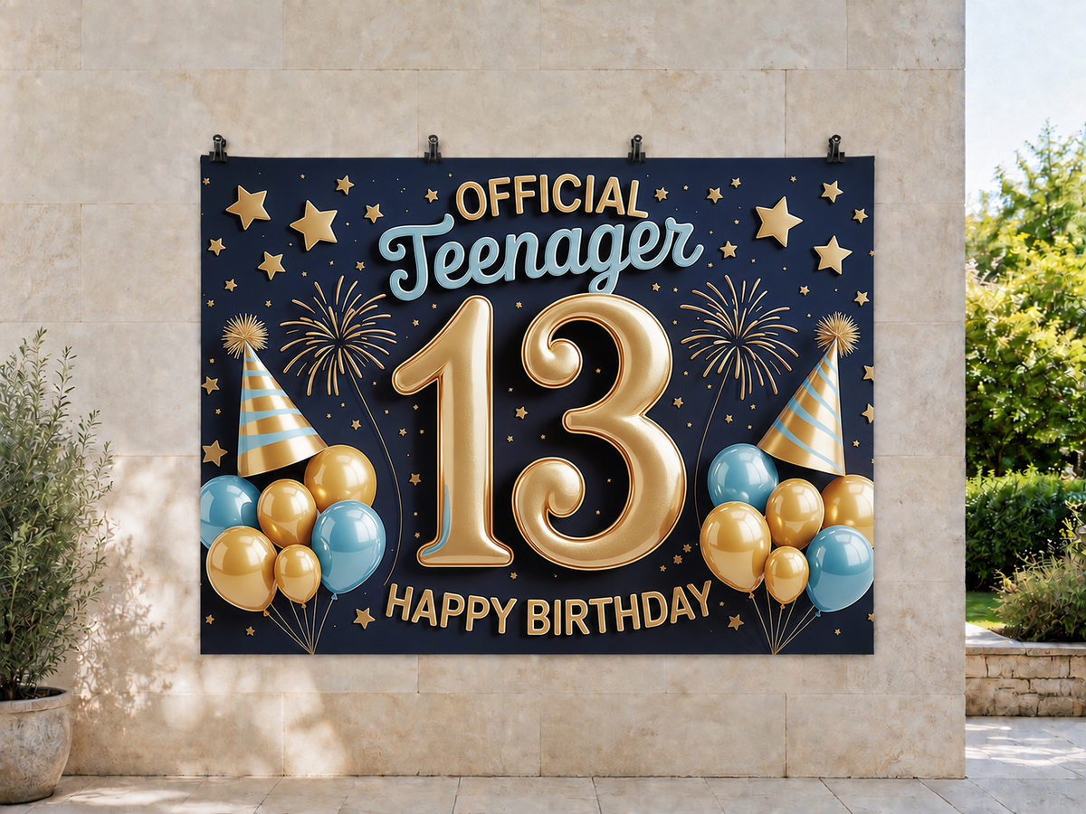 Birthday Party printed polyester backdrop, shown at244 x183cm with straight-cut unhemmed edges and wall clips. Flat printed scenery; accessories not included.