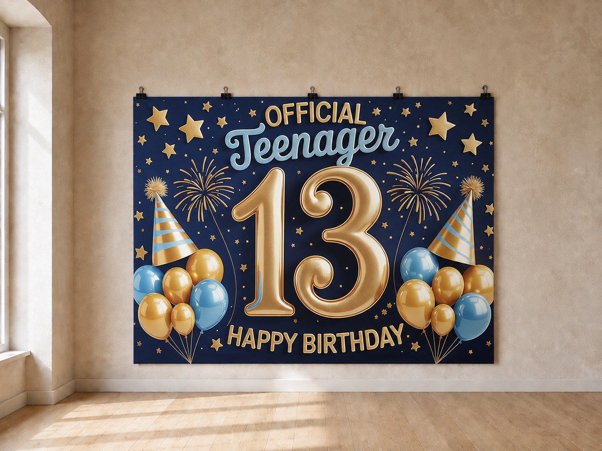 Birthday Party printed polyester backdrop, shown at244 x183cm with straight-cut unhemmed edges and wall clips. Flat printed scenery; accessories not included.