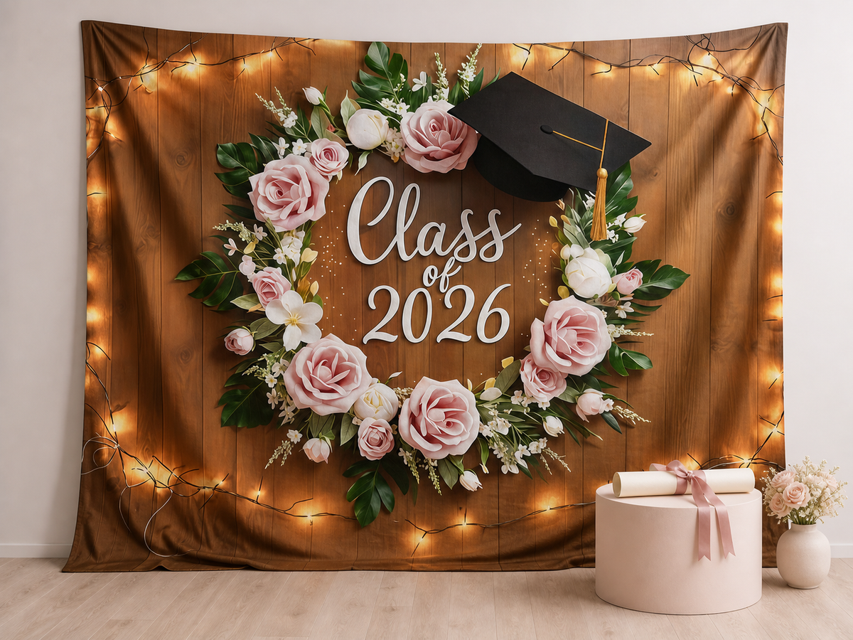 Class of 2026 floral wreath fabric graduation backdrop