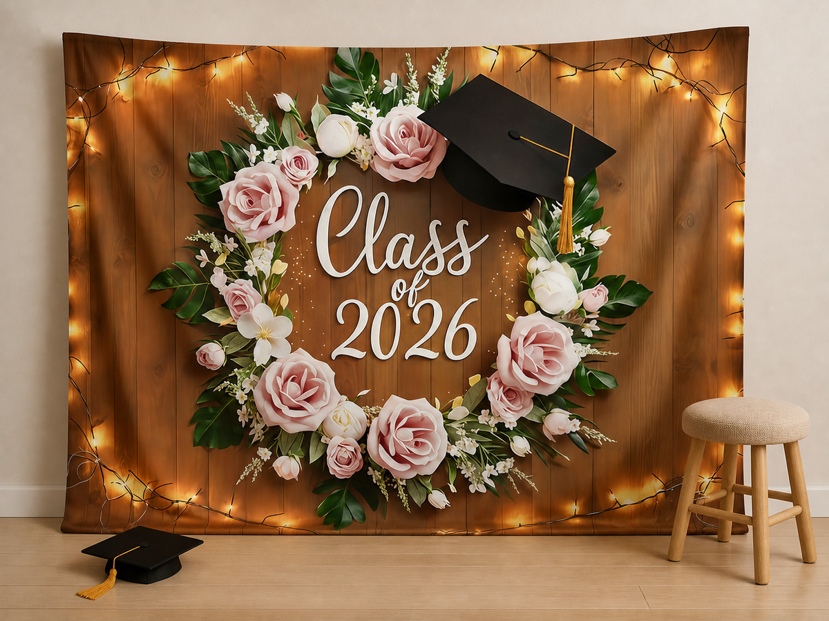 Floral wreath senior portrait graduation backdrop
