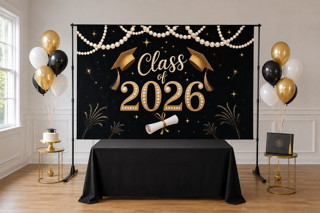 Black Gold Class of 2026 Backdrop in event studio