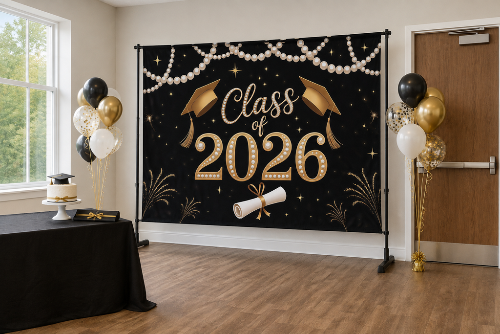 Black Gold Class of 2026 Backdrop in alternate room setting