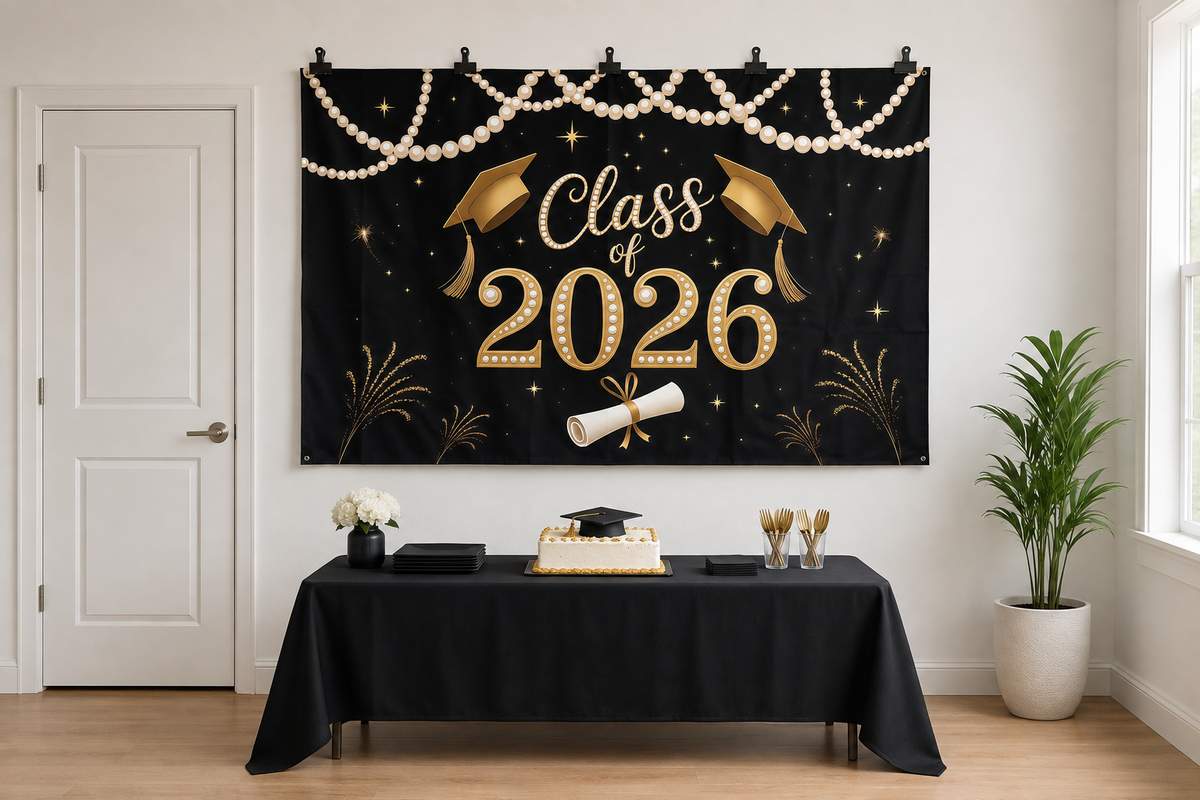 Black Gold Class of 2026 Backdrop clipped directly to wall