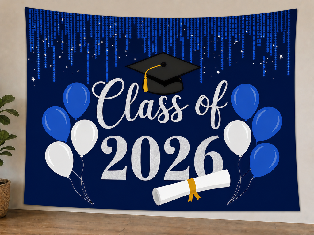 Navy Class of 2026 Graduation Backdrop displayed on a lightweight polyester backdrop