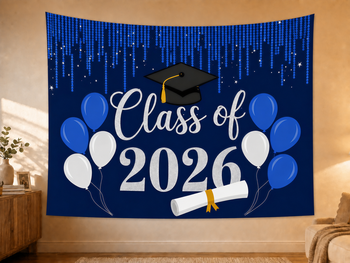 Navy Class of 2026 Graduation Backdrop in a realistic home wall setting
