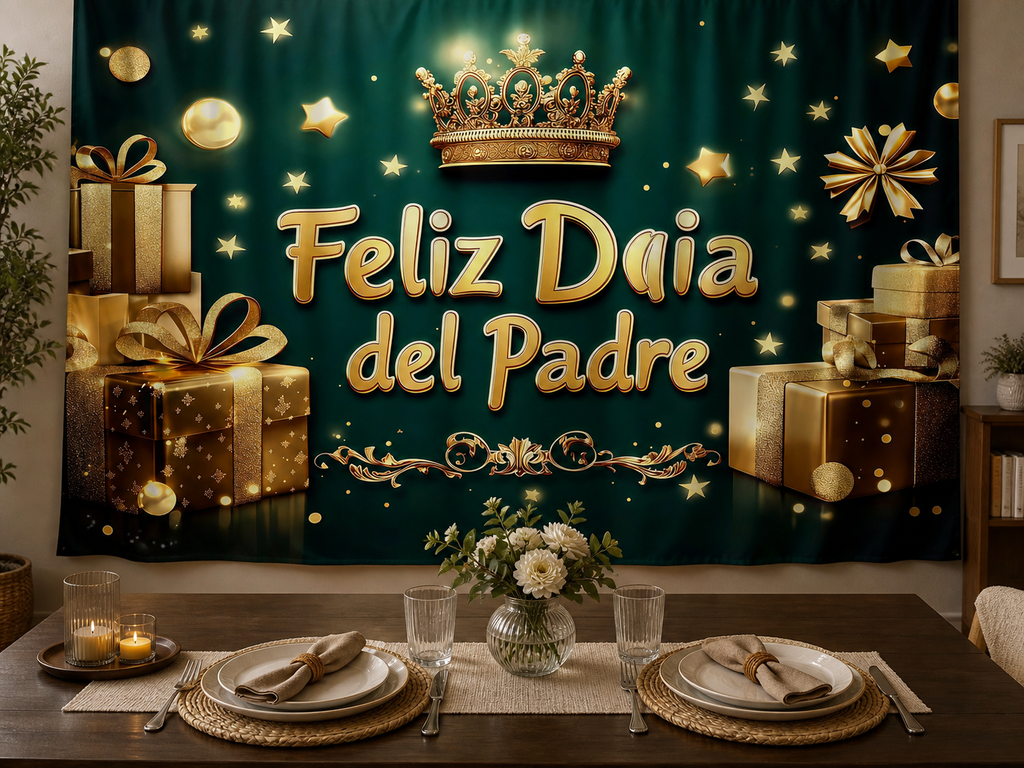 Spanish Father's Day gold crown polyester backdrop in dinner setting