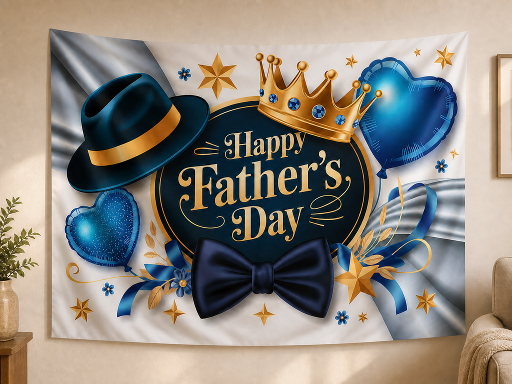Blue and Gold Happy Father's Day Backdrop shown as a hanging polyester backdrop