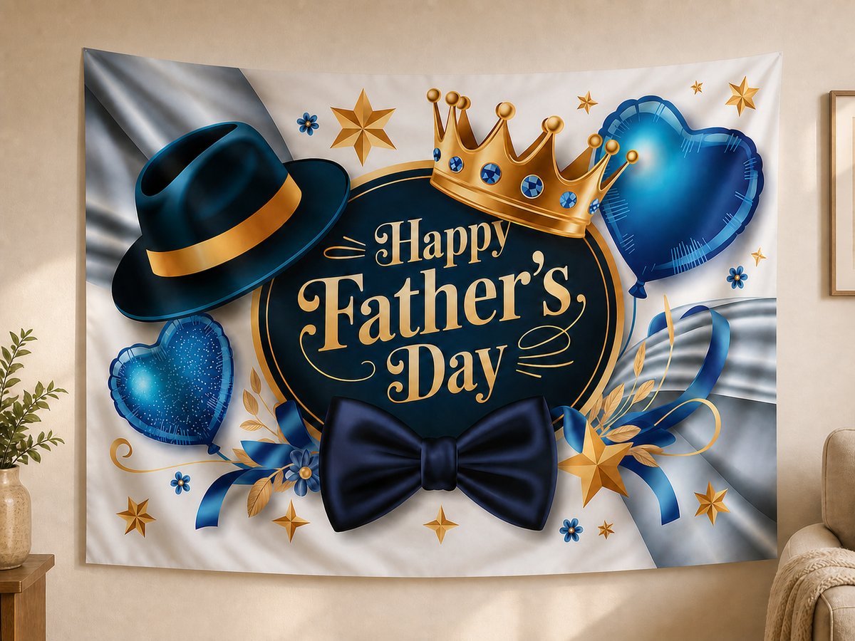 Blue and Gold Happy Father's Day Backdrop shown as a hanging polyester backdrop