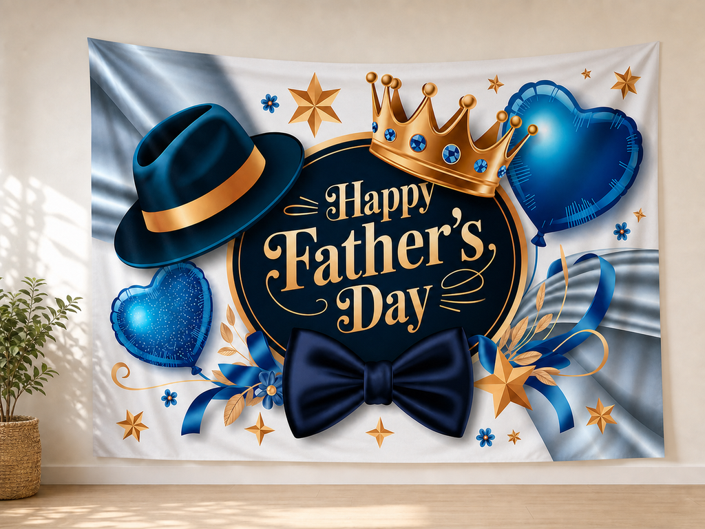 Blue and Gold Happy Father's Day Backdrop shown in an alternate home setting