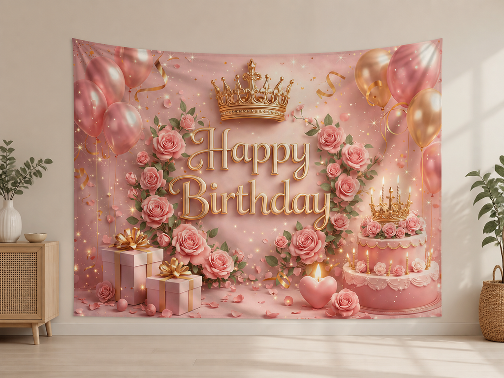 Pink Crown Happy Birthday Backdrop indoor application scene