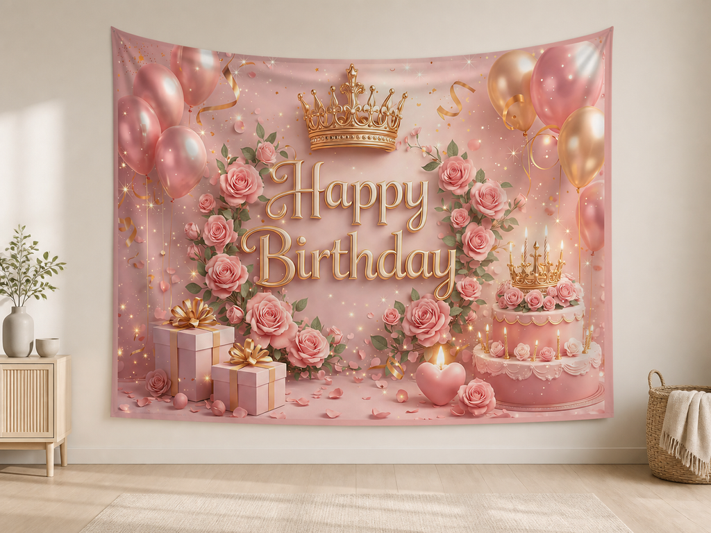 Pink Crown Happy Birthday Backdrop indoor application scene