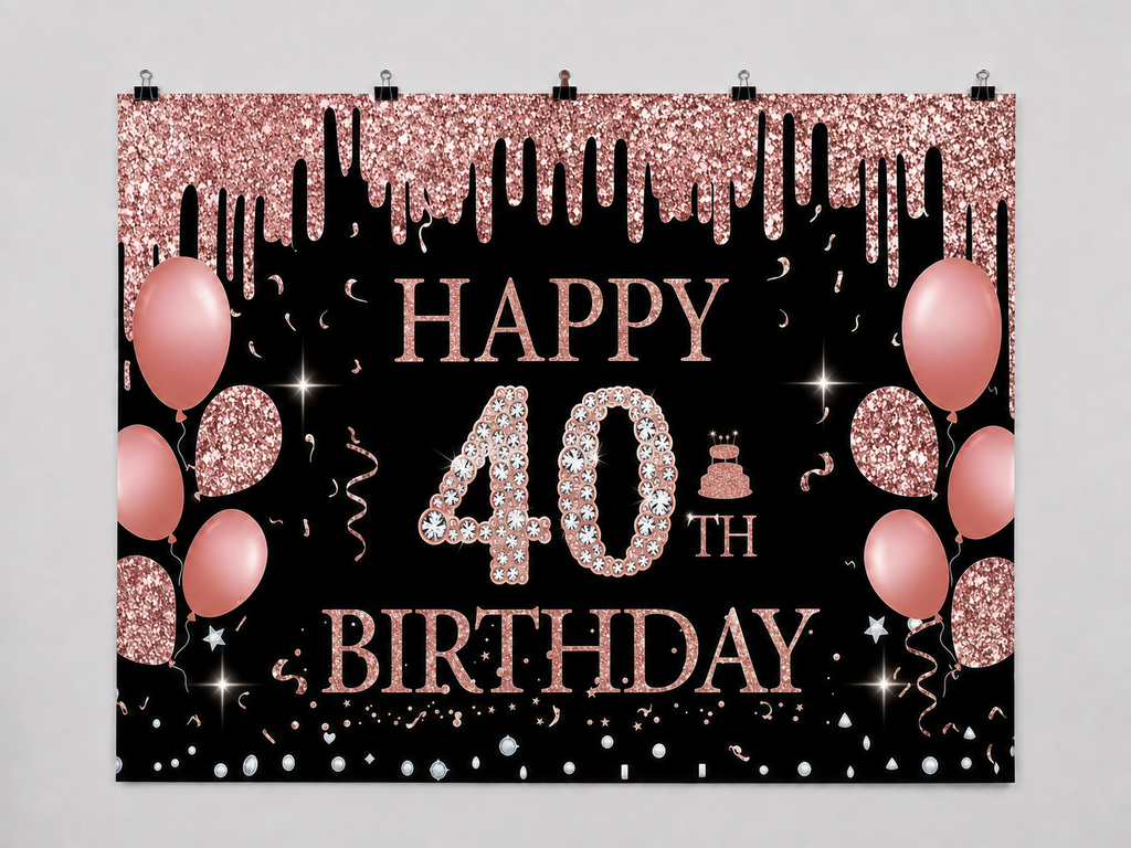 Happy 40th Birthday printed polyester backdrop, shown at244 x183cm with straight-cut unhemmed edges and wall clips. Flat printed scenery; accessories not included.