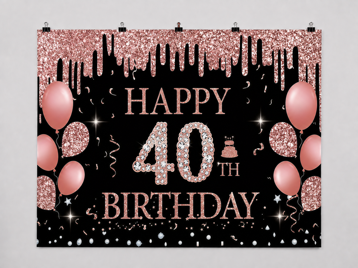 Happy 40th Birthday printed polyester backdrop, shown at244 x183cm with straight-cut unhemmed edges and wall clips. Flat printed scenery; accessories not included.