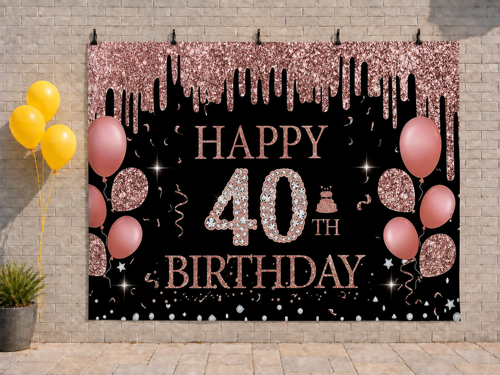 Happy 40th Birthday printed polyester backdrop, shown at244 x183cm with straight-cut unhemmed edges and wall clips. Flat printed scenery; accessories not included.