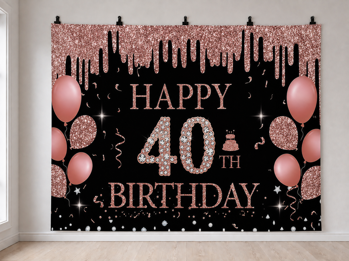 Happy 40th Birthday printed polyester backdrop, shown at244 x183cm with straight-cut unhemmed edges and wall clips. Flat printed scenery; accessories not included.