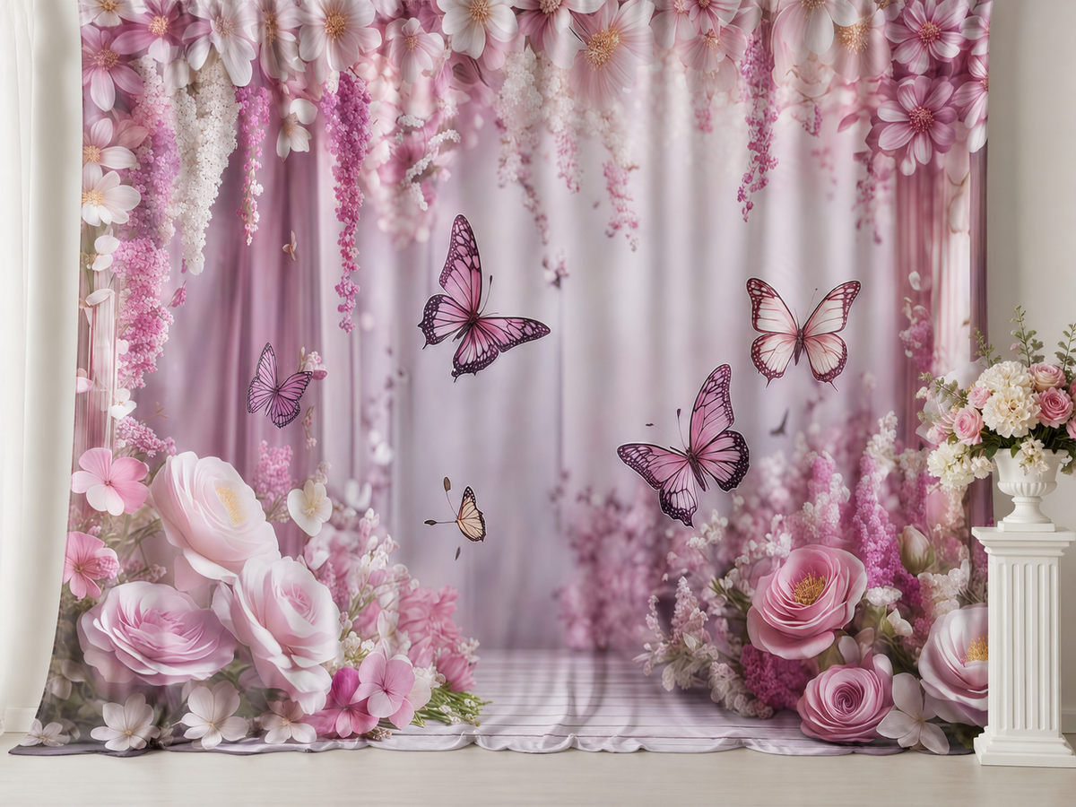 Pink floral butterfly wedding fabric photography backdrop scene 1