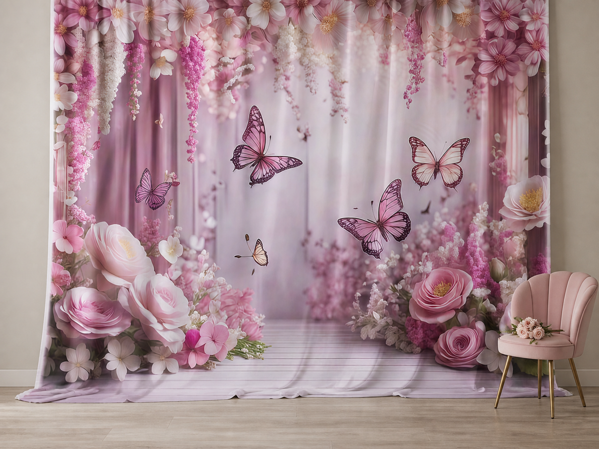 Pink floral butterfly wedding fabric photography backdrop scene 2