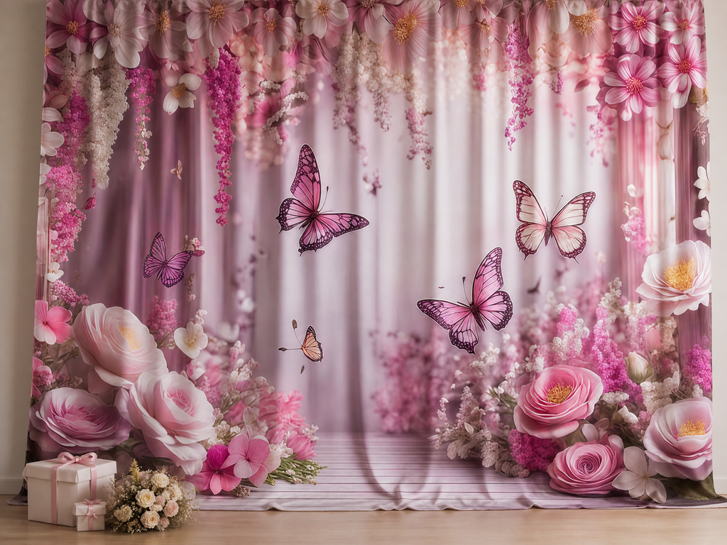 Pink floral butterfly wedding fabric photography backdrop scene 3